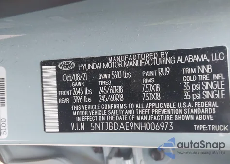 2022 Hyundai Santa Cruz Sel z USA, uszkodzony, nr VIN 5NTJBDAE9NH006973